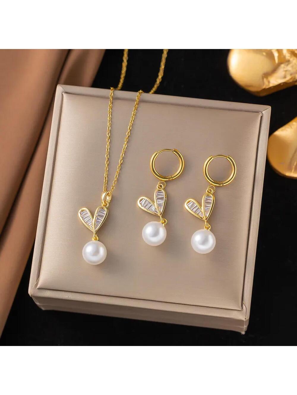 Baguette heart and pearl - Necklace/Earring set - Gold - CZs - 18"
